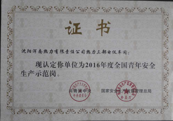 沈阳浑南热力有限责任公司热力三部电仪车间荣获2016年度全国青年安全生产示...